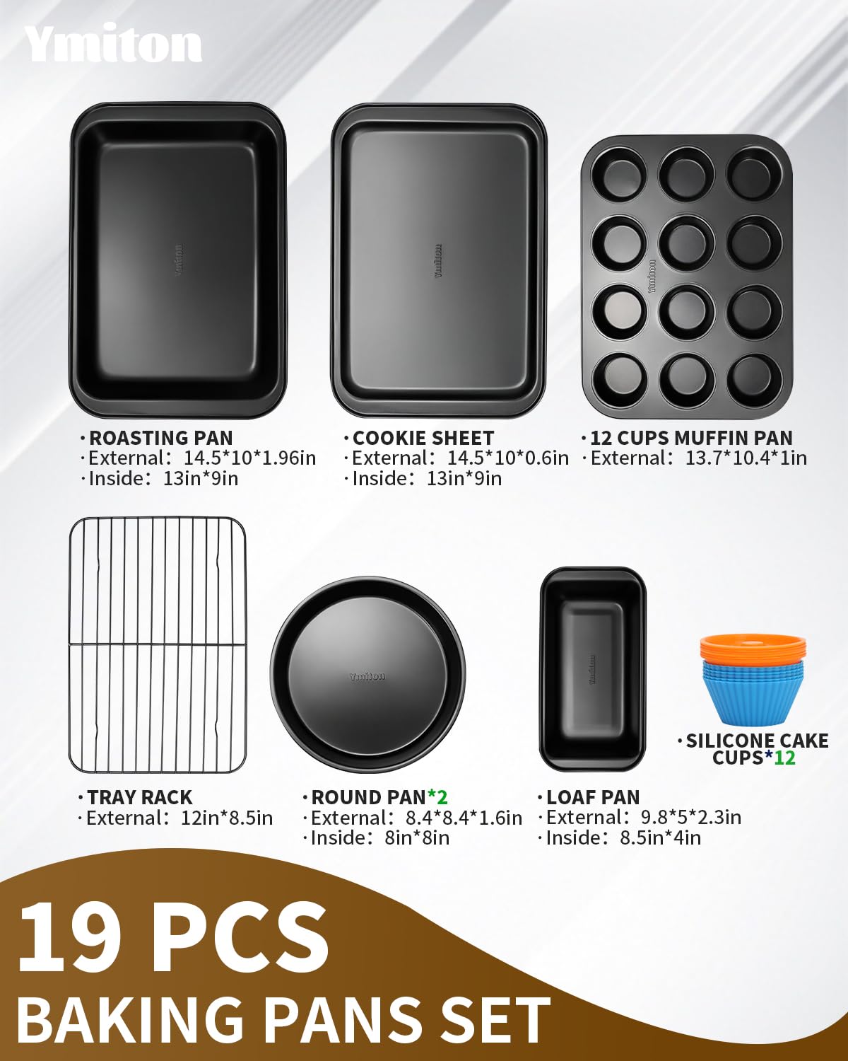 Ymiton Nonstick Baking Pans Set, 19 PCS Stackable Bakeware Sets, Oven Pan Set Includes Baking Tray, Cookie Sheet, Cake Pans, Loaf Pan, Muffin Pan, Silicone Cups