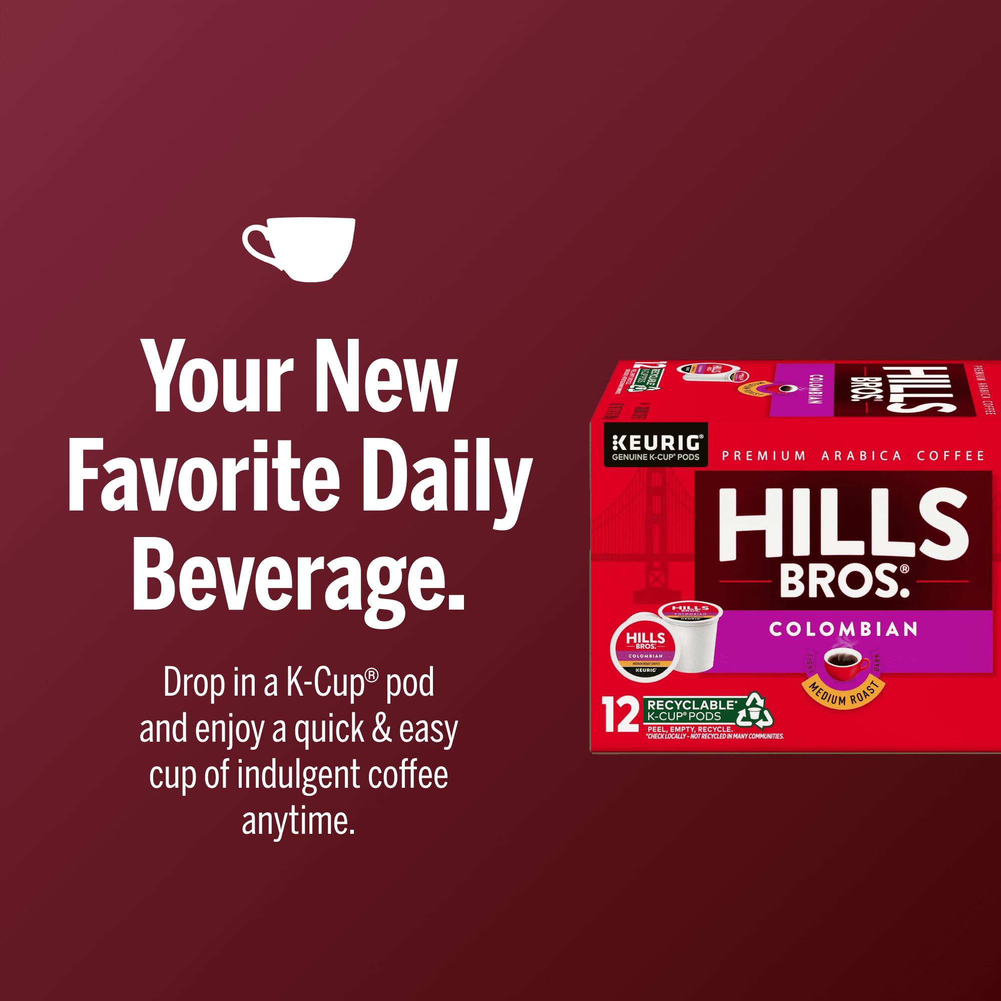Hills Bros. Colombian Blend Keurig K-Cup Pods for Keurig Brewers – Medium Roast Premium Arabica Blend, Kosher – 1 Pack of 12 Single Serve Pods