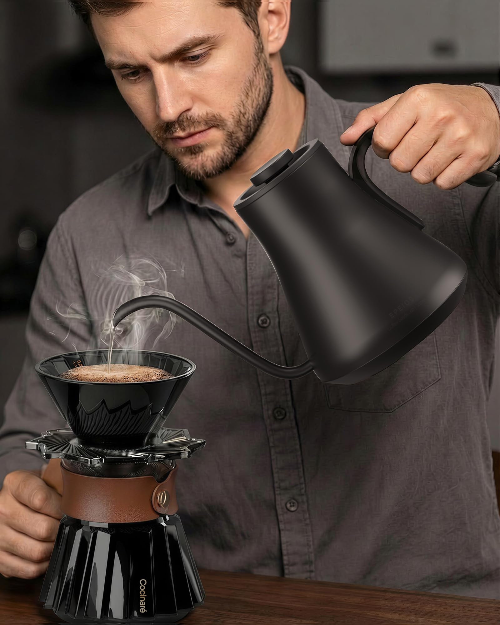 Cocinare Gooseneck Electric Kettle, ±1°F Precise Temperature Control, 1500W Fast Heating, Pour Over Coffee & Tea Kettle with Brew Timer & Keep Warm, Stainless Steel, 0.9L (Delacroix Green)