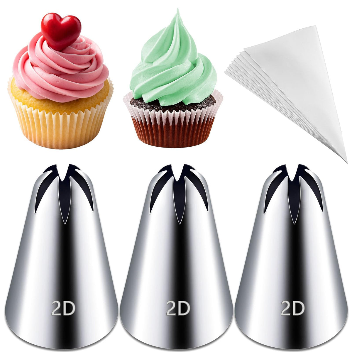 Hendiy 3pcs 2D Cake Piping Tips with 20 Piping Bags
