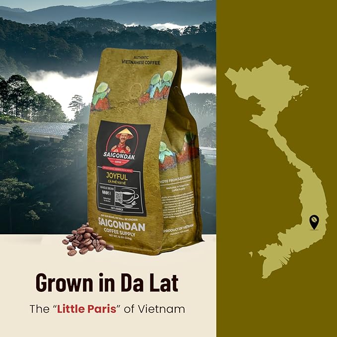 Vietnamese Coffee Beans - Saigondan Joyful | Medium Roast | 100% Arabica Bourbon | Single Origin | Roasted in Small Batches | Direct Trade | Notes of Orange Blossoms | No Preservatives | 12 Oz