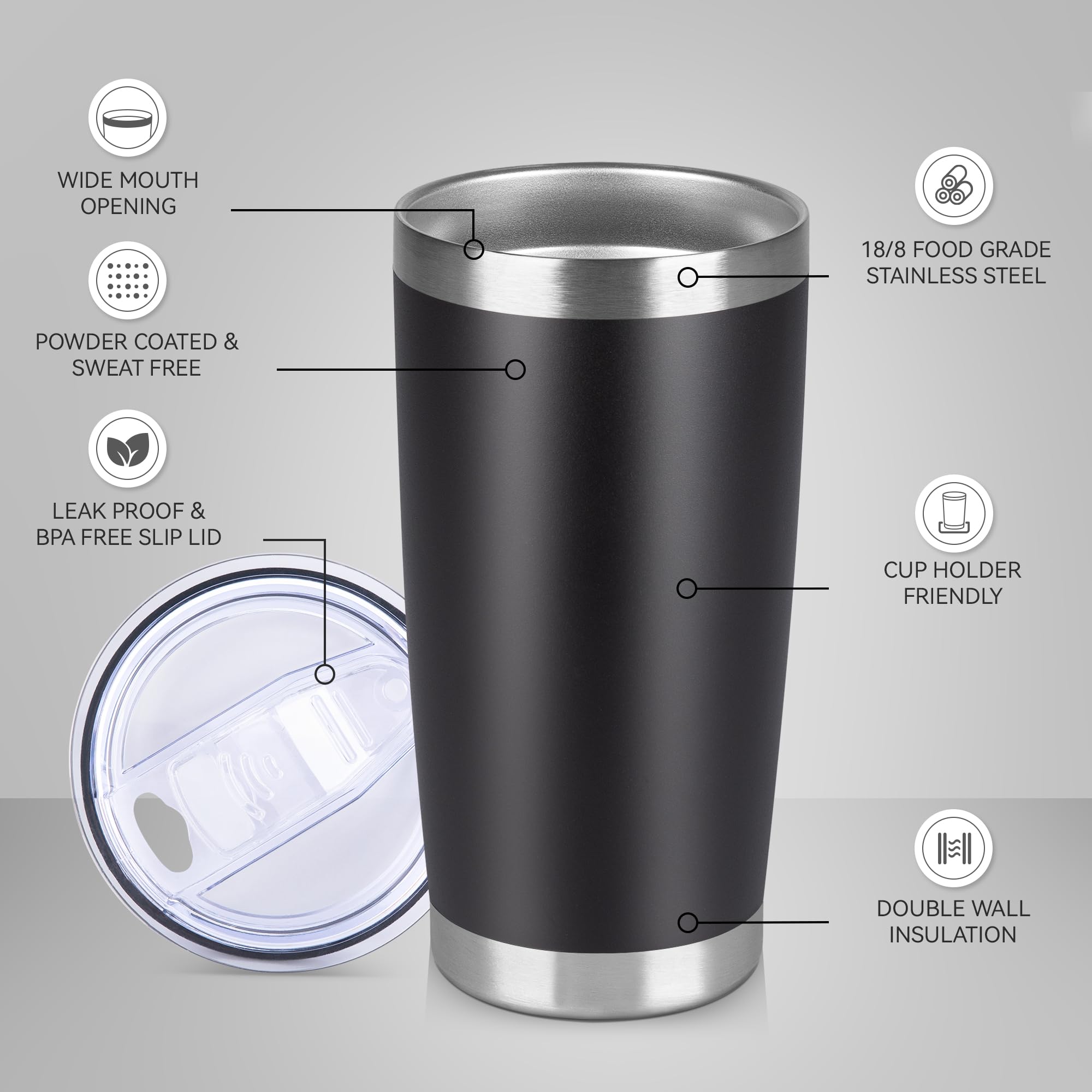 VQRRCKI 20 oz Tumbler Stainless Steel Tumblers Bulk with Lid Double Wall Insulated Coffee Tumbler Cups for Hot & Cold Drinks Powder Coated Travel Coffee Tumbler Mug Metal (Black, 6 pack)