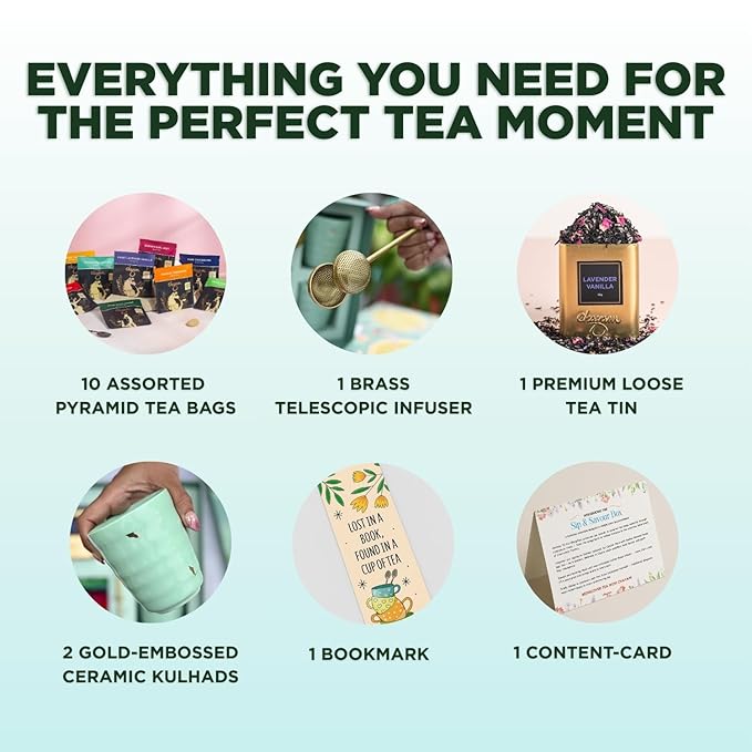 CHAYAM Luxury Tea Gift Set |10 Tea Bags, Lavender Vanilla Loose Leaf 50g/1.76oz, 2 Ceramic Cups & Premium Lead-Free Brass Infuser | Gift for Women & Tea Lovers