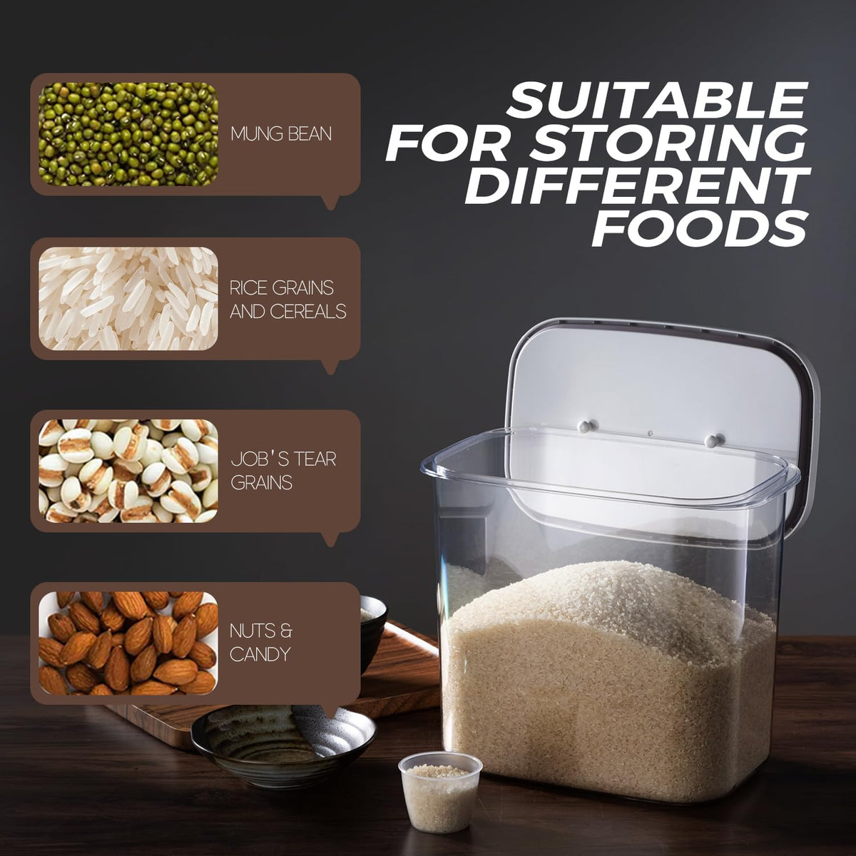 LivLab Rice Container 20-25 Lbs - Airtight with Measuring Cup, PET BPA-FREE