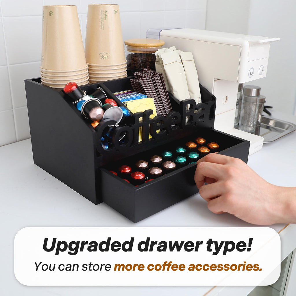Coffee Bar Organizer Countertop, Wooden Coffee Station with Black Drawer