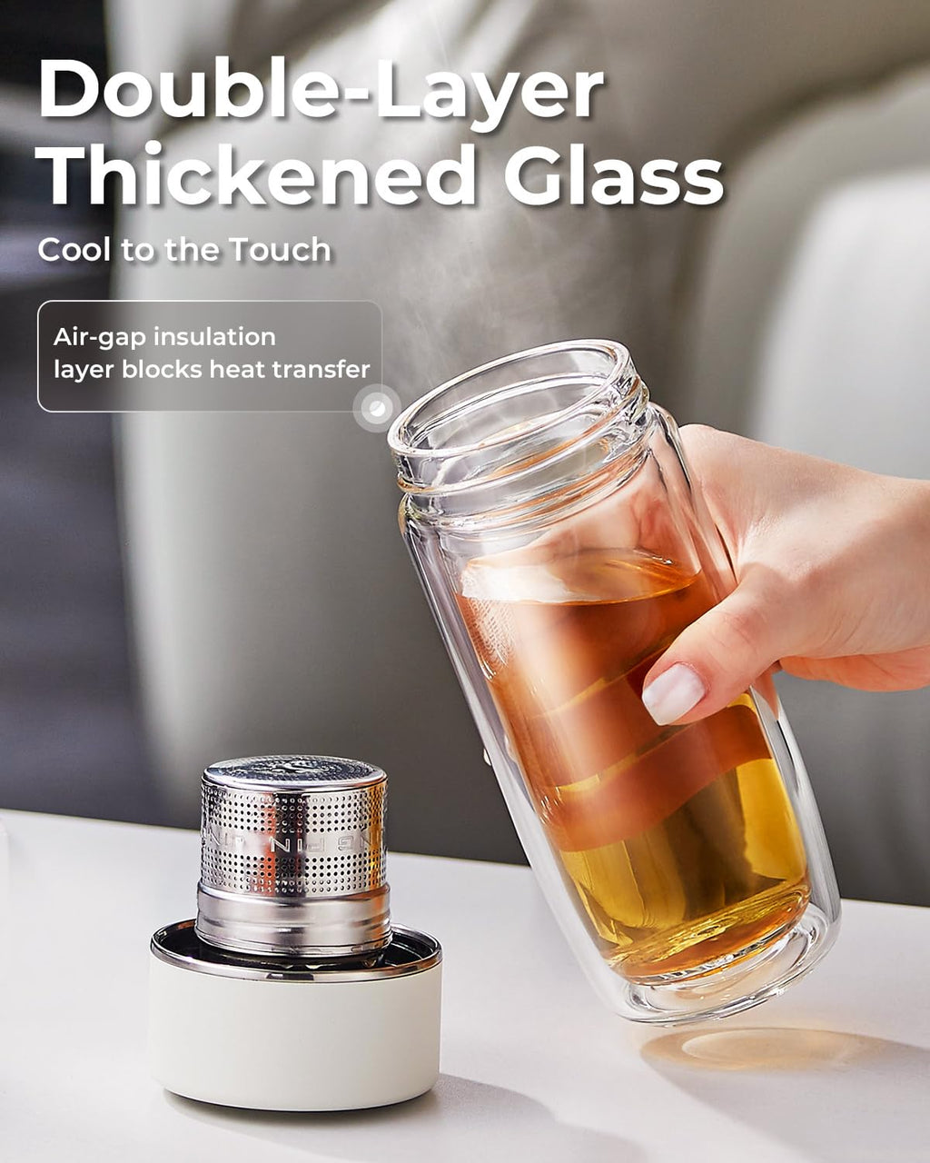 TEAVOR MagnaDrop Tea Tumbler – Double Wall Glass Tea Infuser Cup with Magnetic Steep Control & Bead Switch, Leakproof Travel Mug for Loose Leaf, 12.5oz
