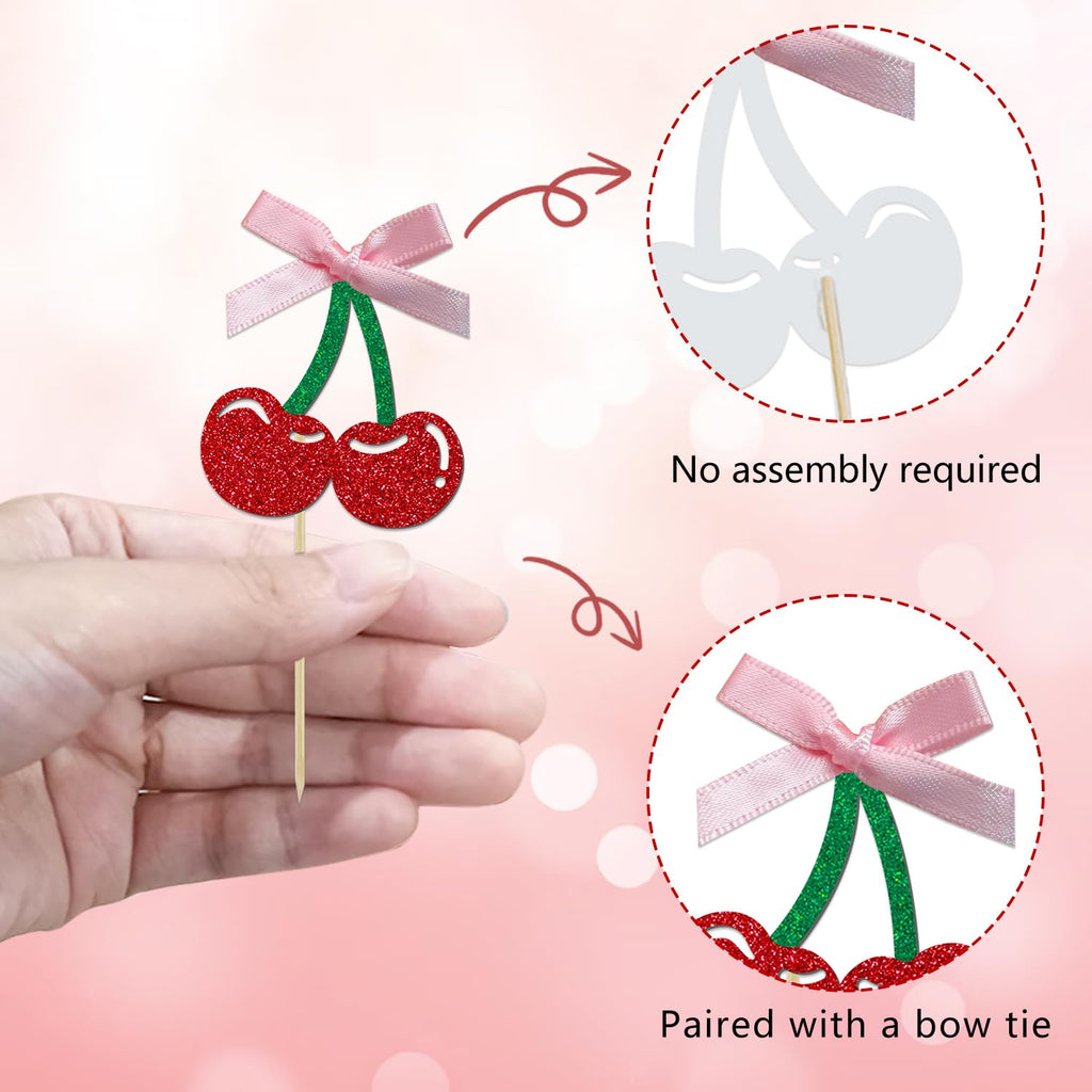 24 Pack Cherry Cupcake Toppers, Glitter Sweet Cherry Cupcake Pick