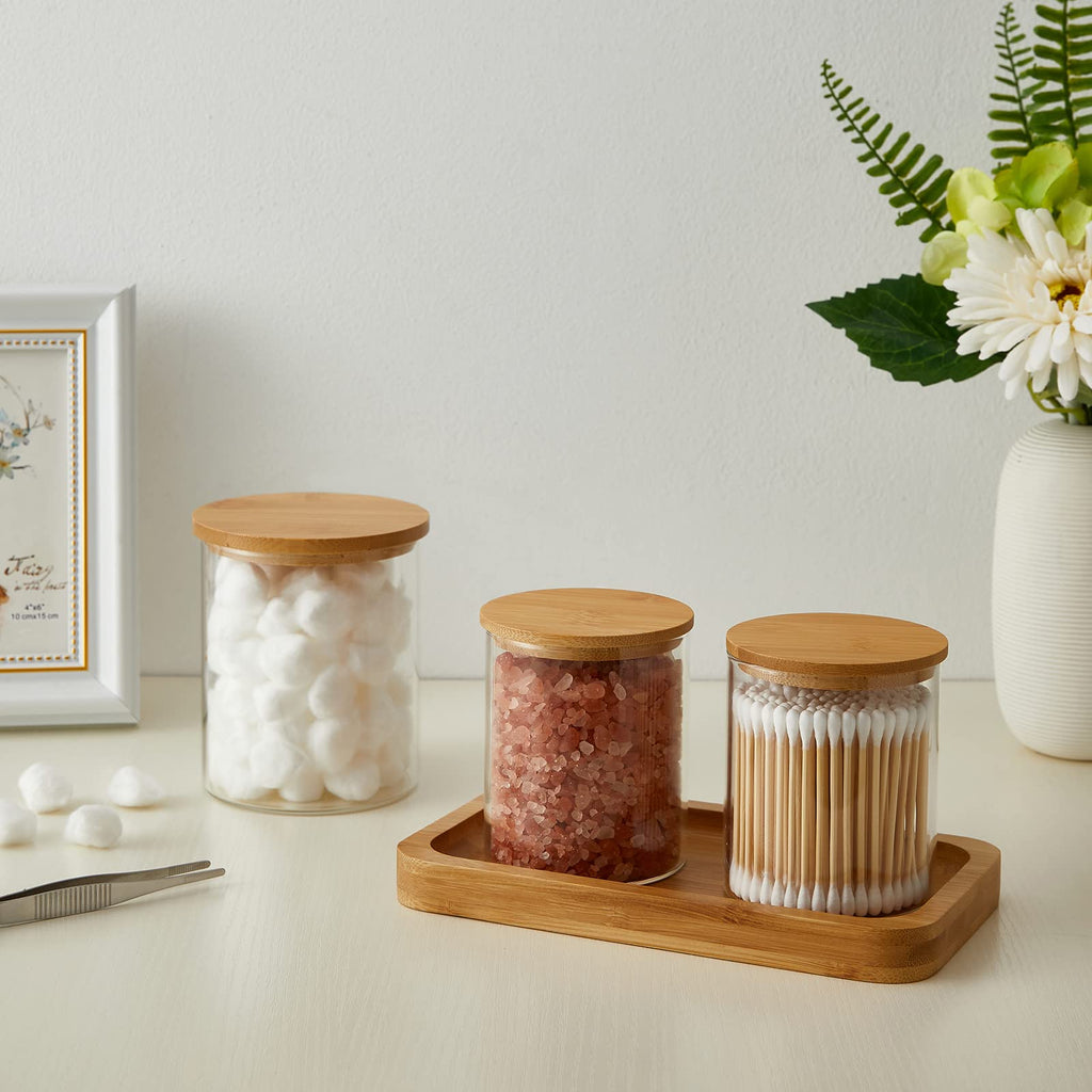 INIUNIK Glass Qtip Holder Dispenser with Bamboo Lid - 2 Pack Apothecary Jars - Cotton Balls Pads Swabs Holder Jar - Bathroom Vanity Canisters Jars for Countertop Storage and Organization