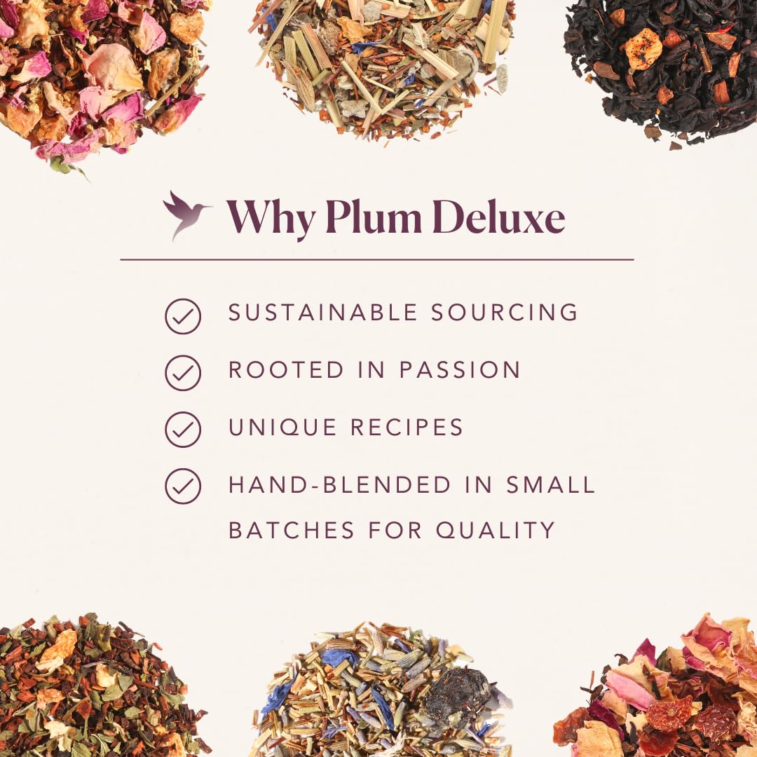 Loose Leaf Tea Sampler – 5 Caffeinated Blends Including Creme Brulee Earl Grey, Peach Oolong, Citrus Mint, Pecan and Floral Black – 75 to 100 Cups – Handcrafted in USA – Plum Deluxe