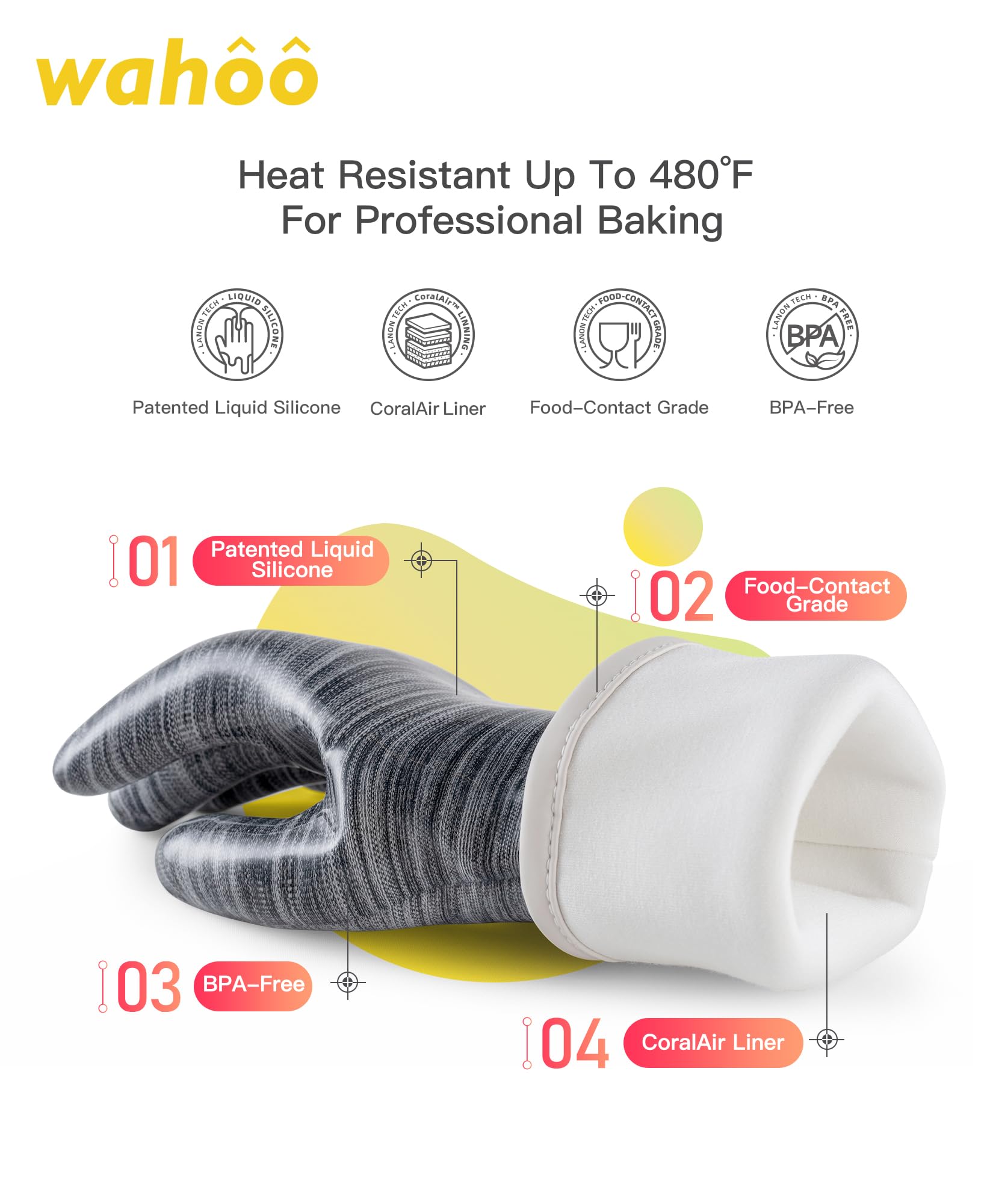 wahoo Liquid Silicone Smoker Oven Gloves, Food-Contact Grade, Heat Resistant Gloves for Cooking, Grilling, Baking, Grey, Medium
