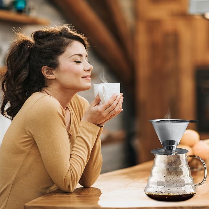 Pour Over Coffee Dripper-Stainless Steel Coffee Filter,Reusable Drip Cone Coffee Filter Portable Pour for 1-4 Cup (With Base, S)