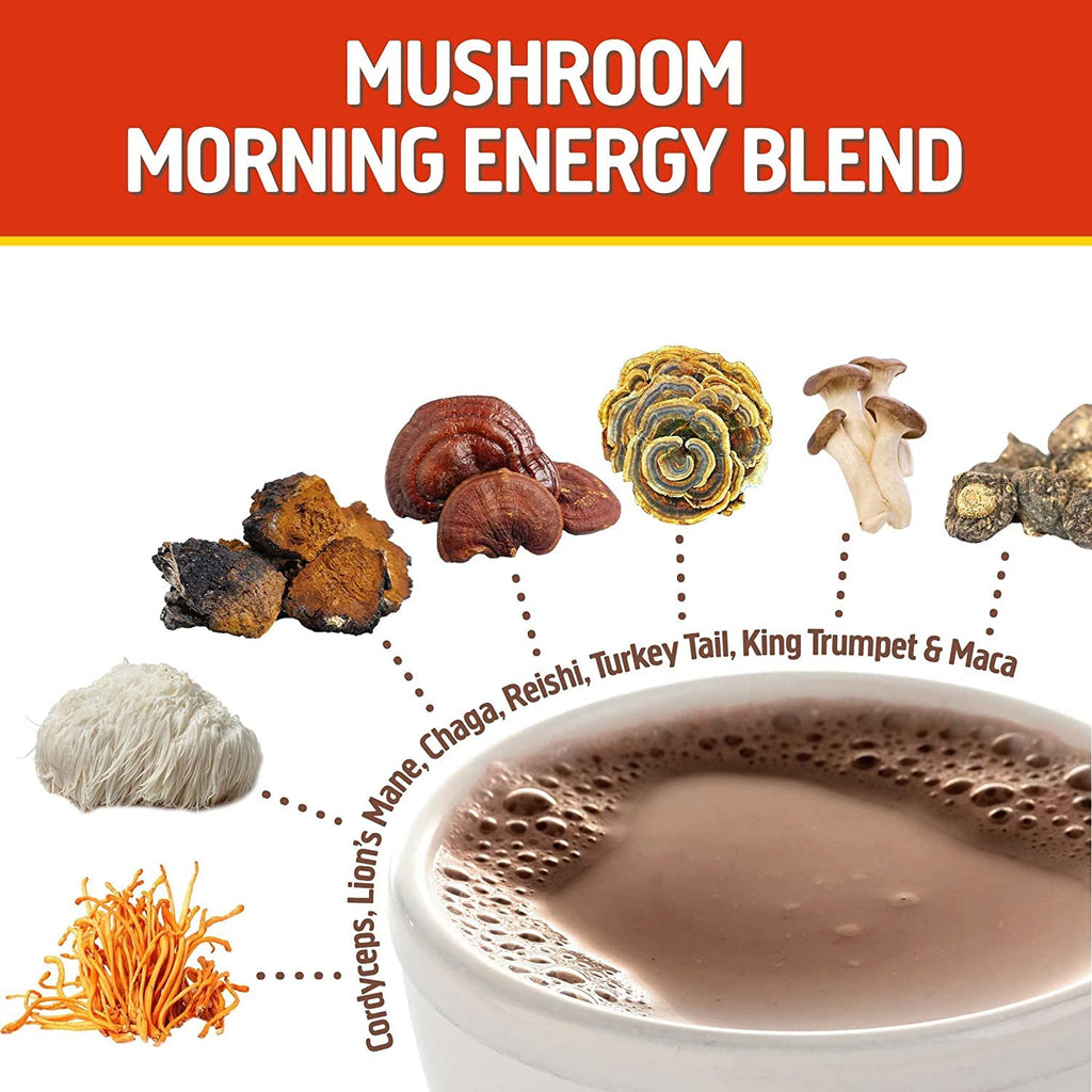 OM MUSHROOM SUPERFOOD Morning Energy Blend – Caffeine-Free Powder with Cordyceps, Lion’s Mane, Rhodiola & Vitamin D2 – Supports Energy, Focus & Endurance – 8.47 oz Canister (30 Servings)