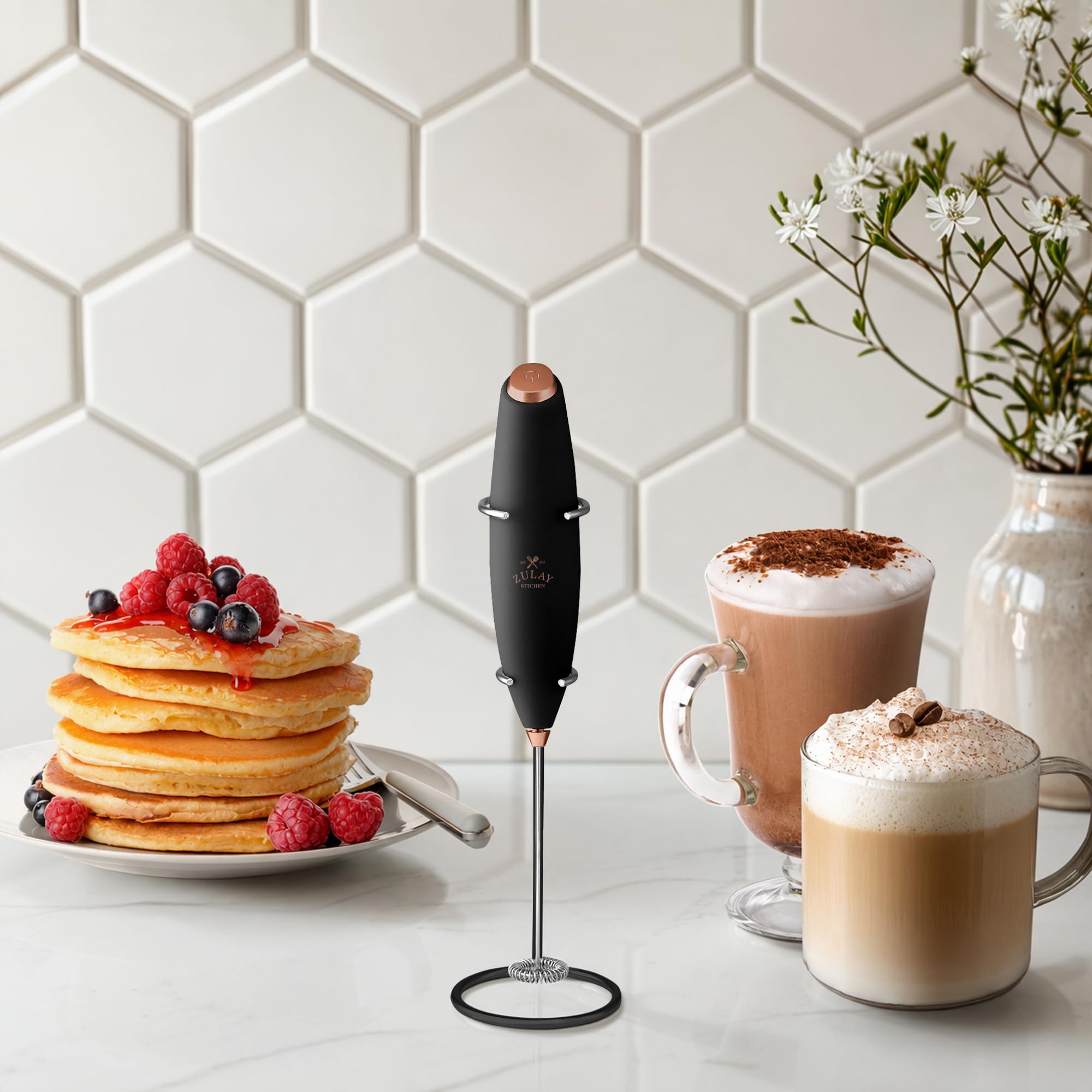 Zulay Kitchen Powerful Milk Frother Wand With Duracell Batteries - Ultra Fast Handheld Drink Mixer - Electric Whisk Foam Maker for Coffee, Lattes, Cappuccino & Matcha - Z1 Motor - Black & Copper