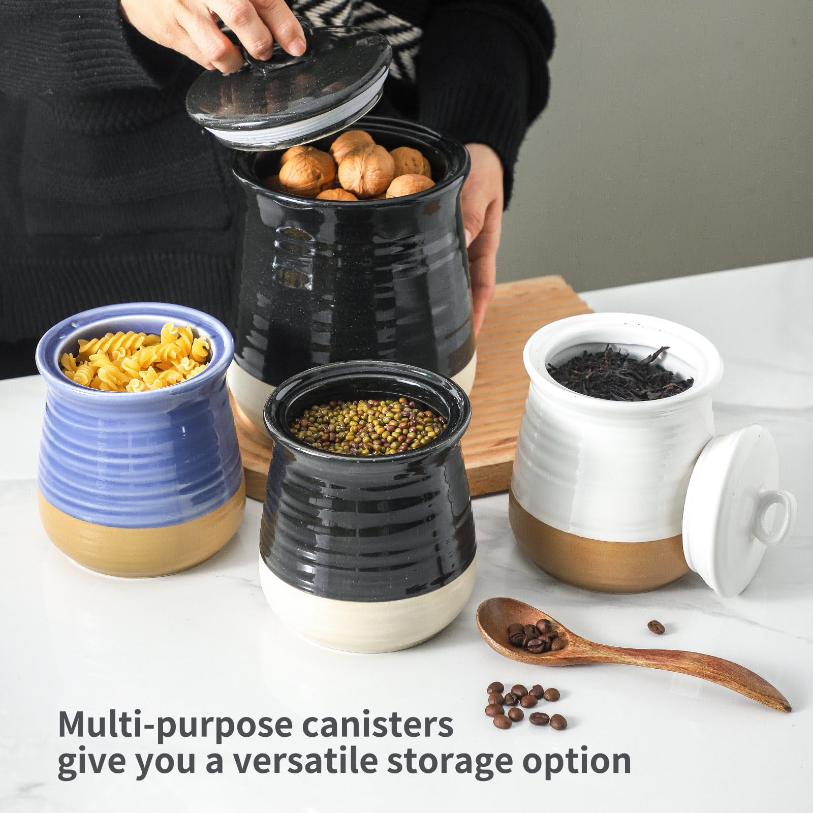 HASENSE Ceramic Kitchen Canister, 75 Oz Large Airtight Coffee Canister with Lid, Food Storage Jar for Coffee Beans, Nuts, Candy, Spices, Flour & Herbs, Farmhouse Kitchen Decor, Black