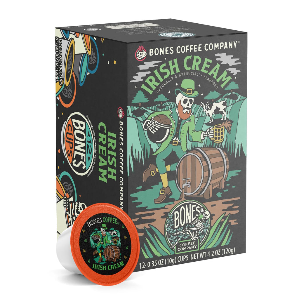 Bones Coffee Company Flavored Coffee Bones Cups Irish Cream Flavored Pods | 12ct Single-Serve Coffee Pods Compatible with Keurig 1.0 & 2.0 Keurig Coffee Maker