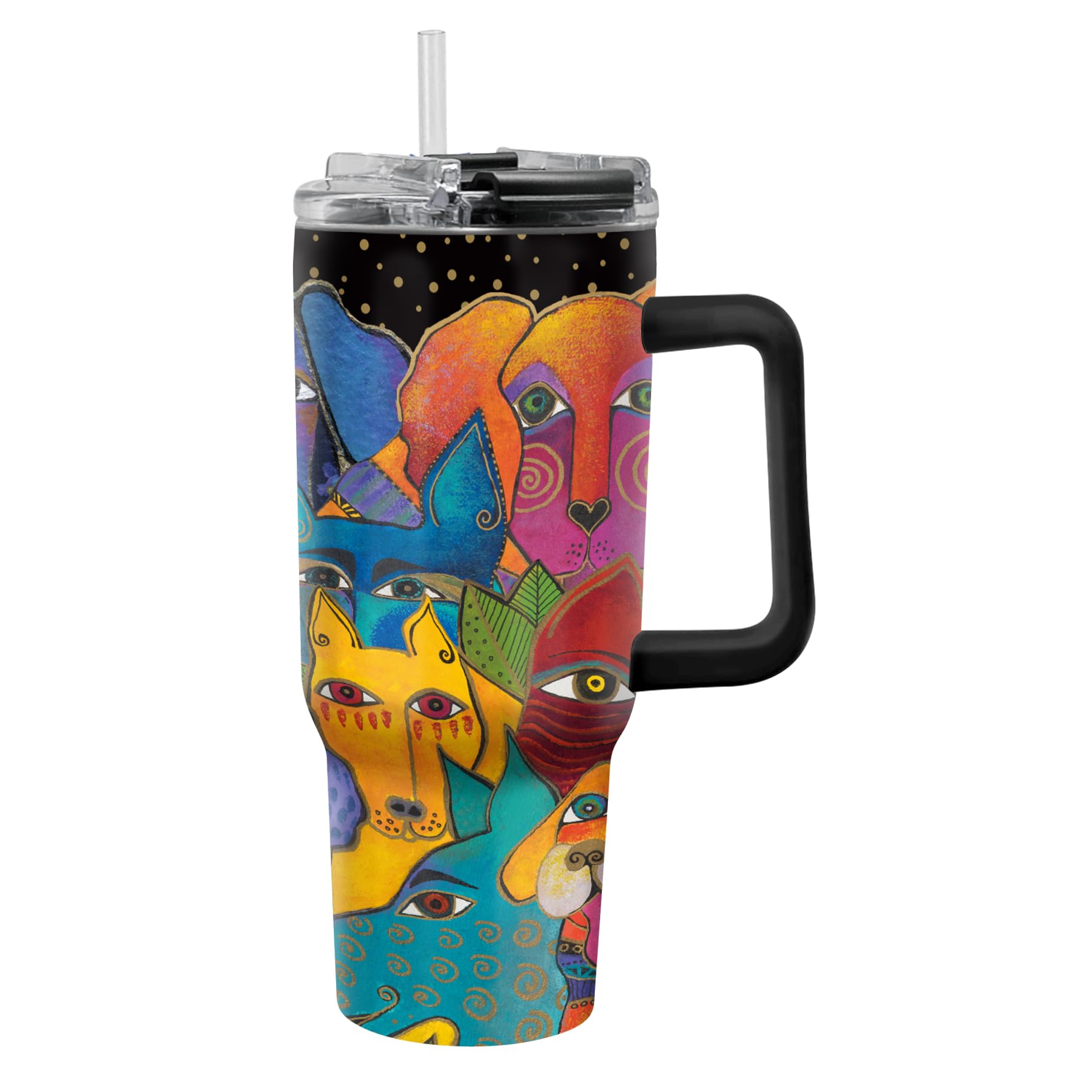 RainCaper 18/8 Stainless Steel Insulated Water Tumbler with Straw | 30oz, BPA-Free, Double Wall for Hot & Cold | Travel-Friendly, Cup Holder Ready (Laurel Burch Dog)