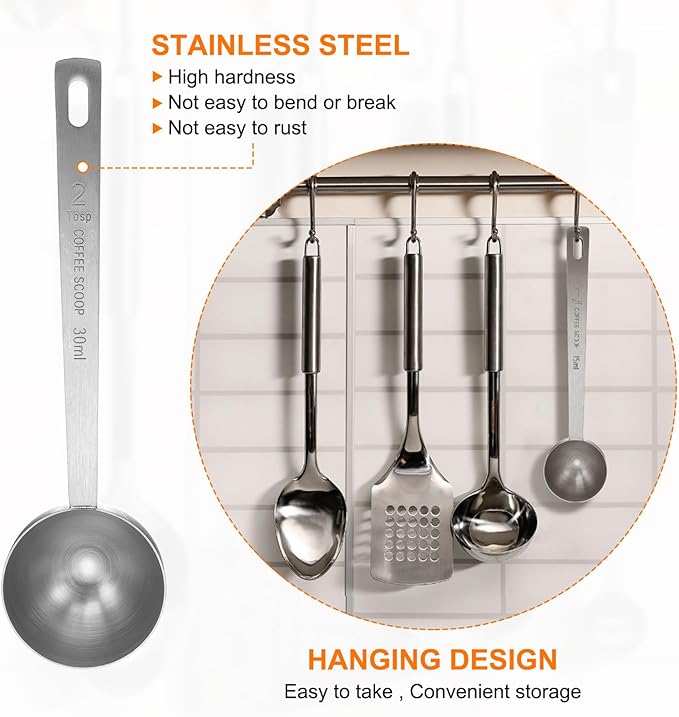 HARFINGTON Coffee Scoop Spoon 2tbsp (6tsp, 30ml) 304 Stainless Steel Long Handle Teaspoon/Tablespoon Measuring Spoons Scoops for Tea Sugar Kitchen, Silver