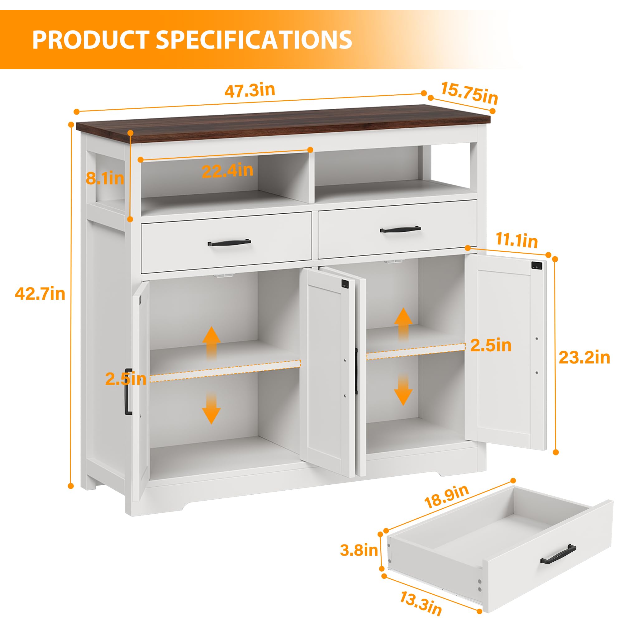 knoworld Buffet Sideboard with Storage Farmhouse with 4 Doors, 47'' Large Kitchen Storage Cabinet Wood Coffee Bar Cabinet Buffet Table with Shelves for Kitchen, Dining Room, Entryway, 47" W White