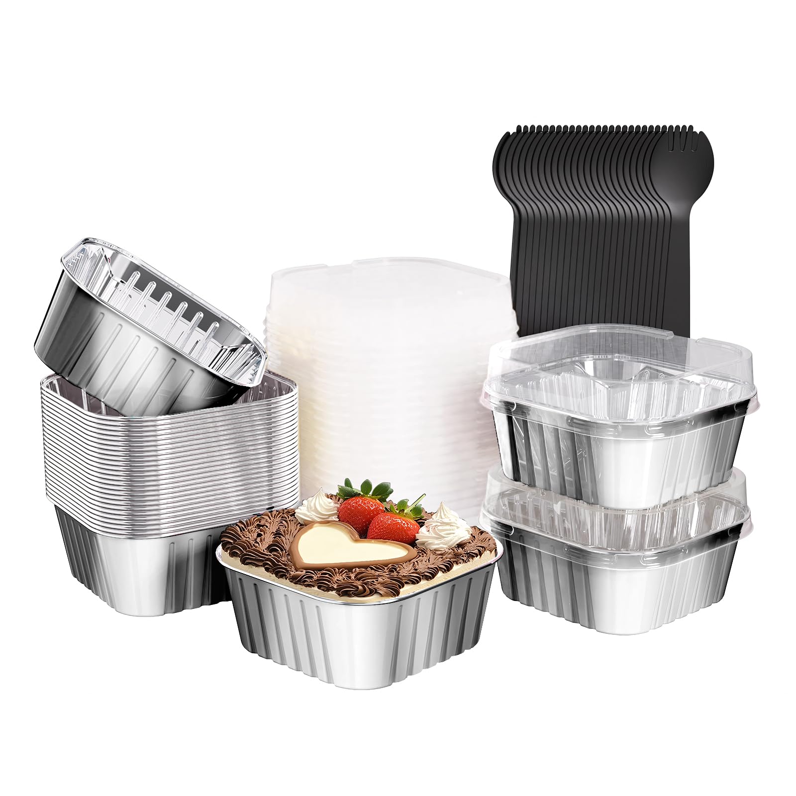 Ksmxos 25 Pack Square Mini Cake Pans with Lids,Mini Loaf Pans with Lids,Aluminum Foil Baking Cups,Disposable Ramekins Cupcake Cups,Dessert Cups for Wedding Birthday Party Picnics,5oz (Silver)