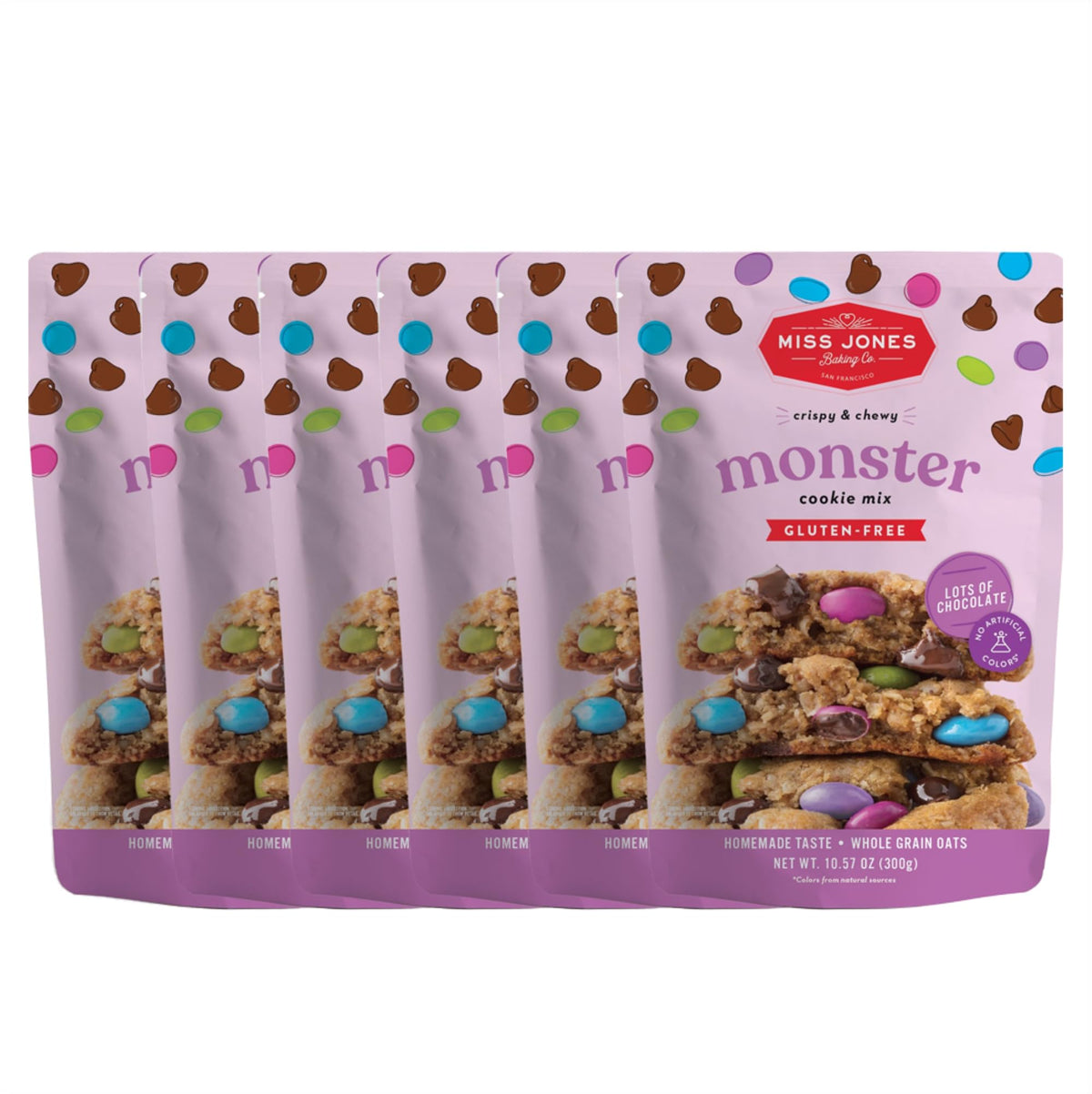 Miss Jones Baking Gluten-Free Monster Cookie Mix - Certified Gluten Free & Made with 100% Oats, Easy To Bake Desserts & Treats, Artificial Colors, 10.57 Ounce (Pack of 6)