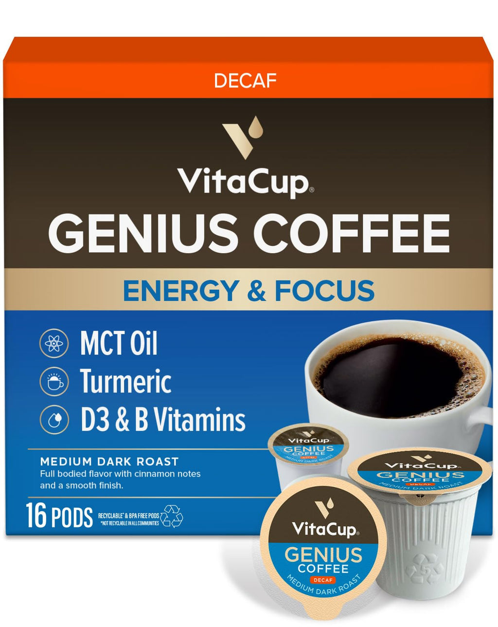 VitaCup Decaf Genius Keto Medium Roast Coffee Pods, 16ct