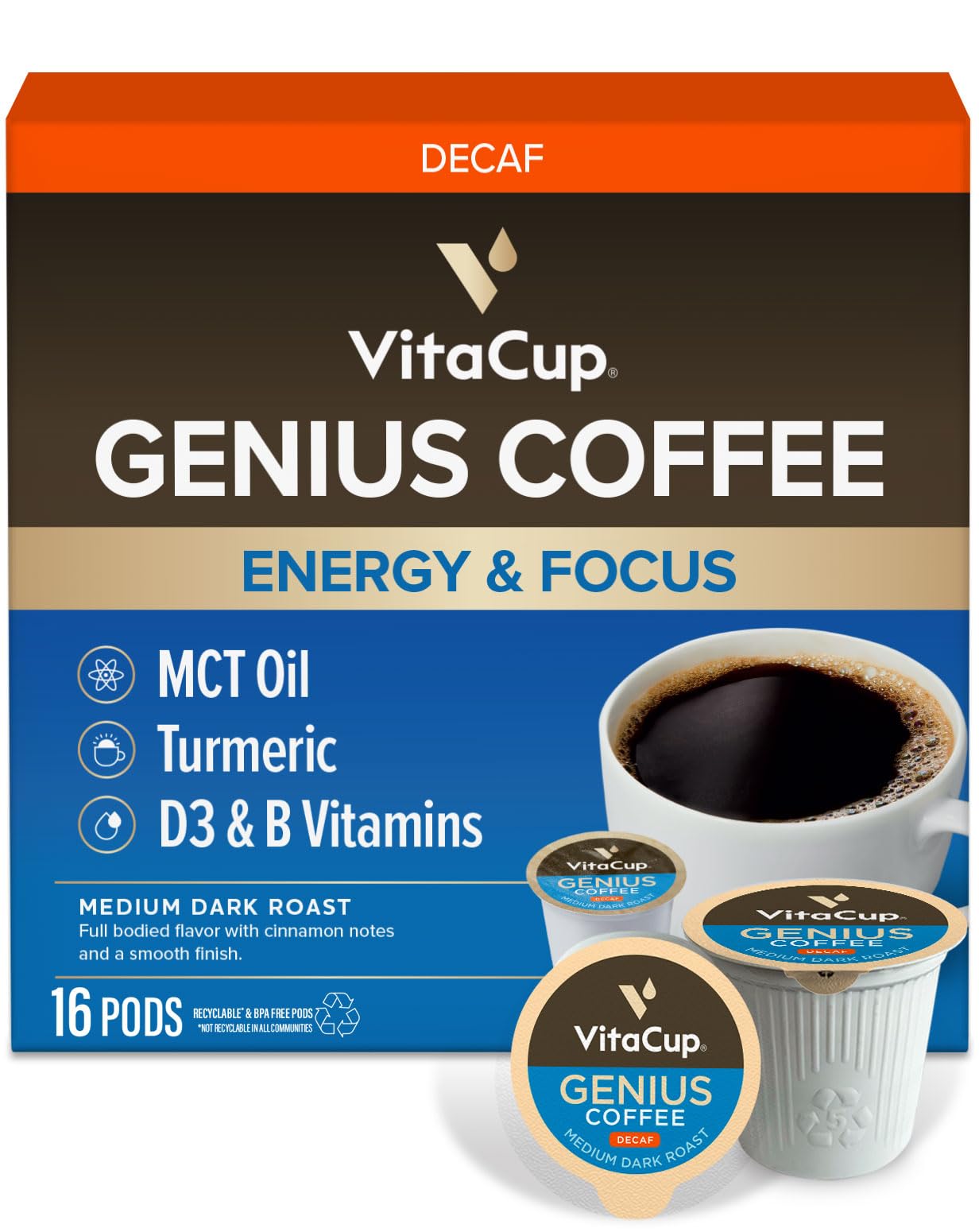 VitaCup Decaf Genius Keto Medium Roast Coffee Pods, 16ct