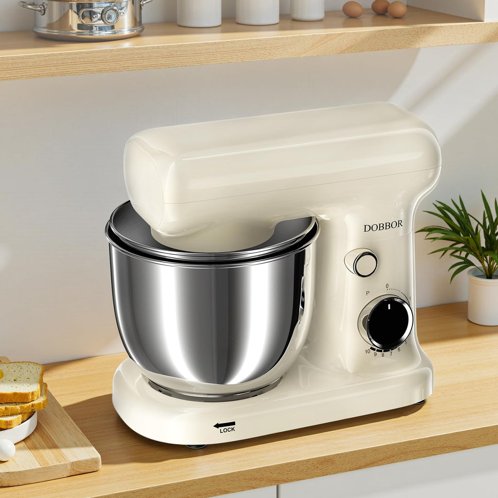 Stand Mixer with 3QT+3.5QT Dual Bowls, 10-Speed Electric 300W Food Mixer - Includes Egg Whisk, Dough Hook & Flat Beater for Home Baking & Daily Cooking (White)
