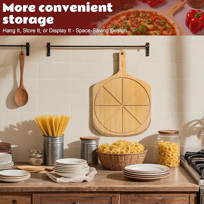 Wood Pizza Peel 16 Inch Pizza Paddle Spatula Serving Board Bamboo Pizza Cutting Boards with 8 Slice Grooves and Handle for Kitchen Oven Pastry Pizzas