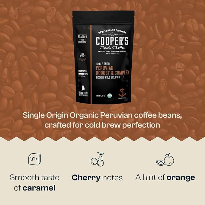Organic Cold Brew Coffee Peru Reserve Single Origin Peruvian Coarsely Whole Bean - 1 lb. Bag - Medium Roast