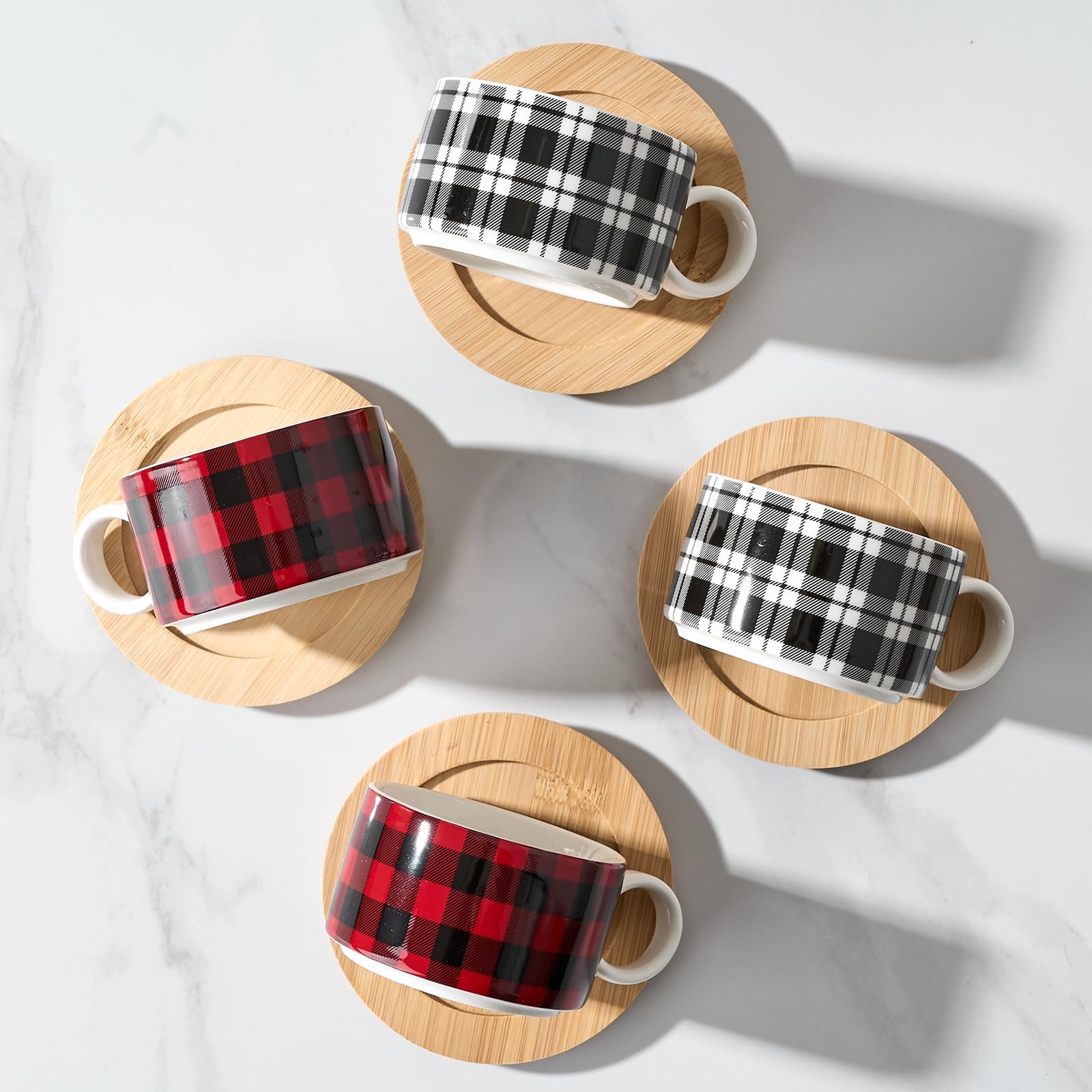 LUKA Porcelain Espresso Cup with Metal Stand,6 Ounce Stackable Ceramic Demitasse Espresso Mugs Cappuccino Cups Set for Latte,Coffee,Cafe Mocha,Tea - Set of 4 (Plaid Red & Gray)