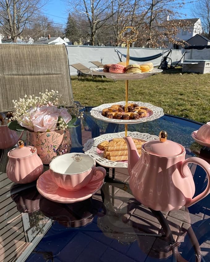 Sweejar Porcelain Tea Sets British Royal Series, 8 OZ Cups & Saucer Service for 6, with Teapot Sugar Bowl Cream Pitcher Teaspoons and Tea Strainer, Suitable for High Tea, Wedding, Party (Pink)
