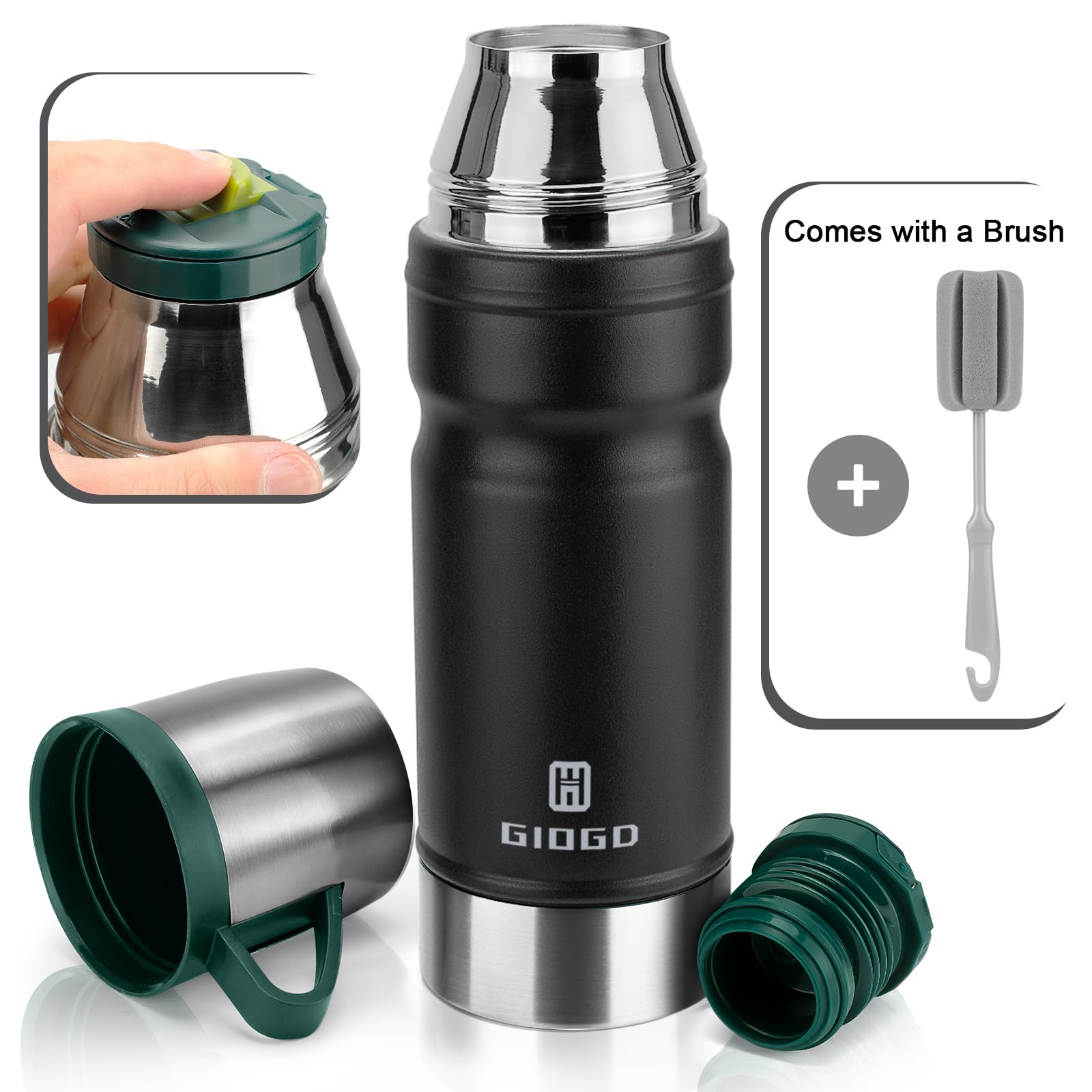 Vacuum Insulated Water Bottle Thermo Water Flask with Cup 680ml/23oz Stainless Steel Thermal Water Bottles Thermo for Hot and Cold Drinks Coffee Water(Black,Set)
