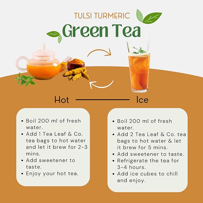 Turmeric Tulsi Tea Bags (50 Count), Green Tea with Turmeric & Peppermint, Stress Relieving, Low Caffeine Gluten Free, Whole Loose-Leaf Pyramid Tea Bags