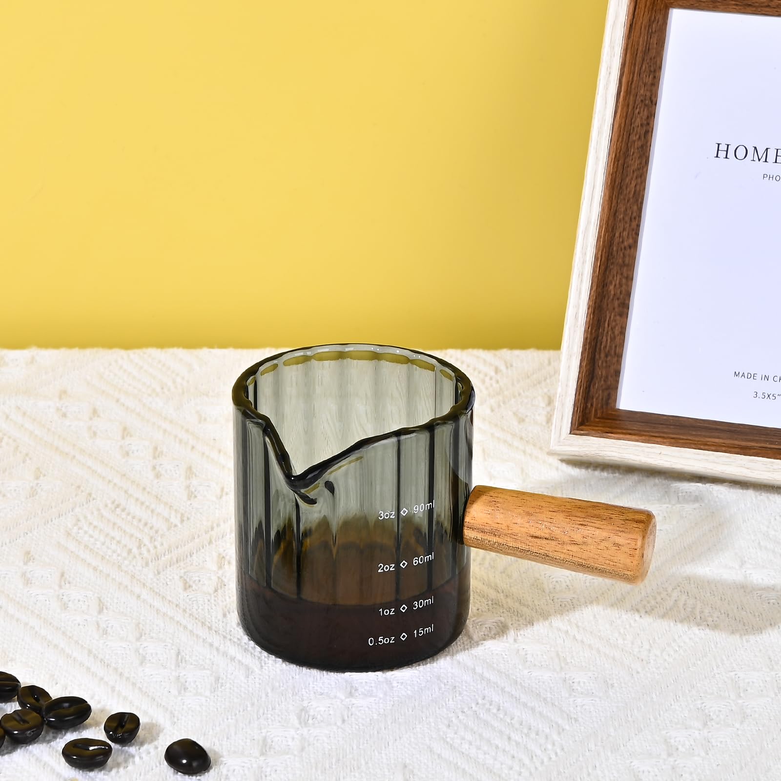 Denovin Glass Measuring Cup, 3oz Espresso Shot Glass with Wood Handle, Single Spout Measuring Cups Pitcher Milk Cup Coffee Shot Glasses (Gray Ribbed)