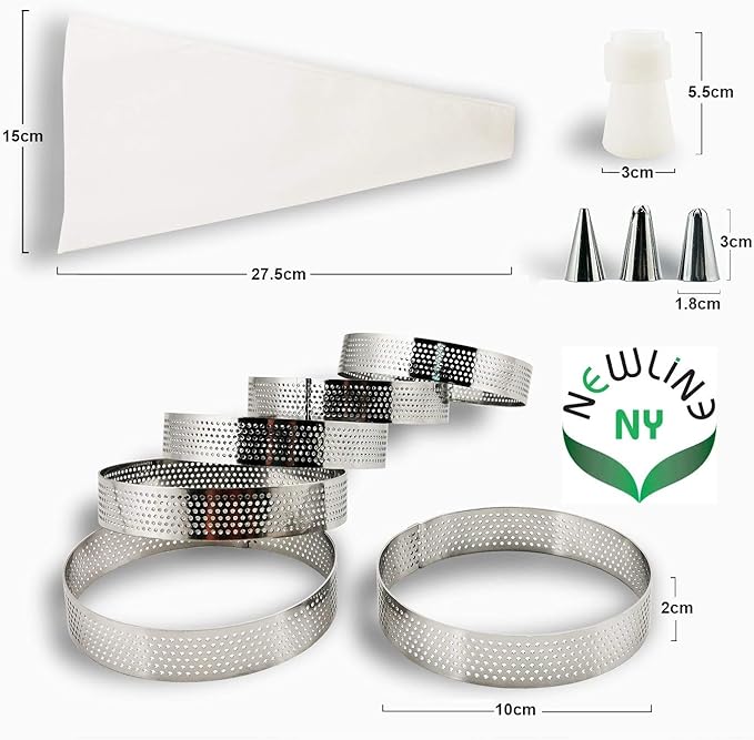 NewlineNY Stainless Steel French Pastry Tart Ring Baking Kit - 6 Perforated Round Dessert Rings + 3 Nozzles + 1 Sample Decorating Piping bag Kit