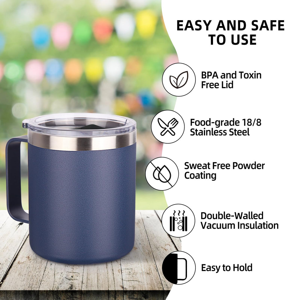 Volhoply 14oz Insulated Stainless Steel Coffee Mug with Lid Bulk 8 Pack,Double Wall Vacuum Travel Coffee Cup with Handle,Reusable Metal Cups Tumbler,Camping Mugs Keep Hot,Ideal Gifts(Navy,8)