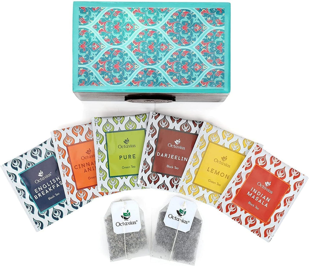 Octavius Assorted Tea Gift Set | 6 Assorted Black & Green Teas | 30 Teabags | Wooden Tea Sampler Pack w/Ornate Floral Design | Pack of 2