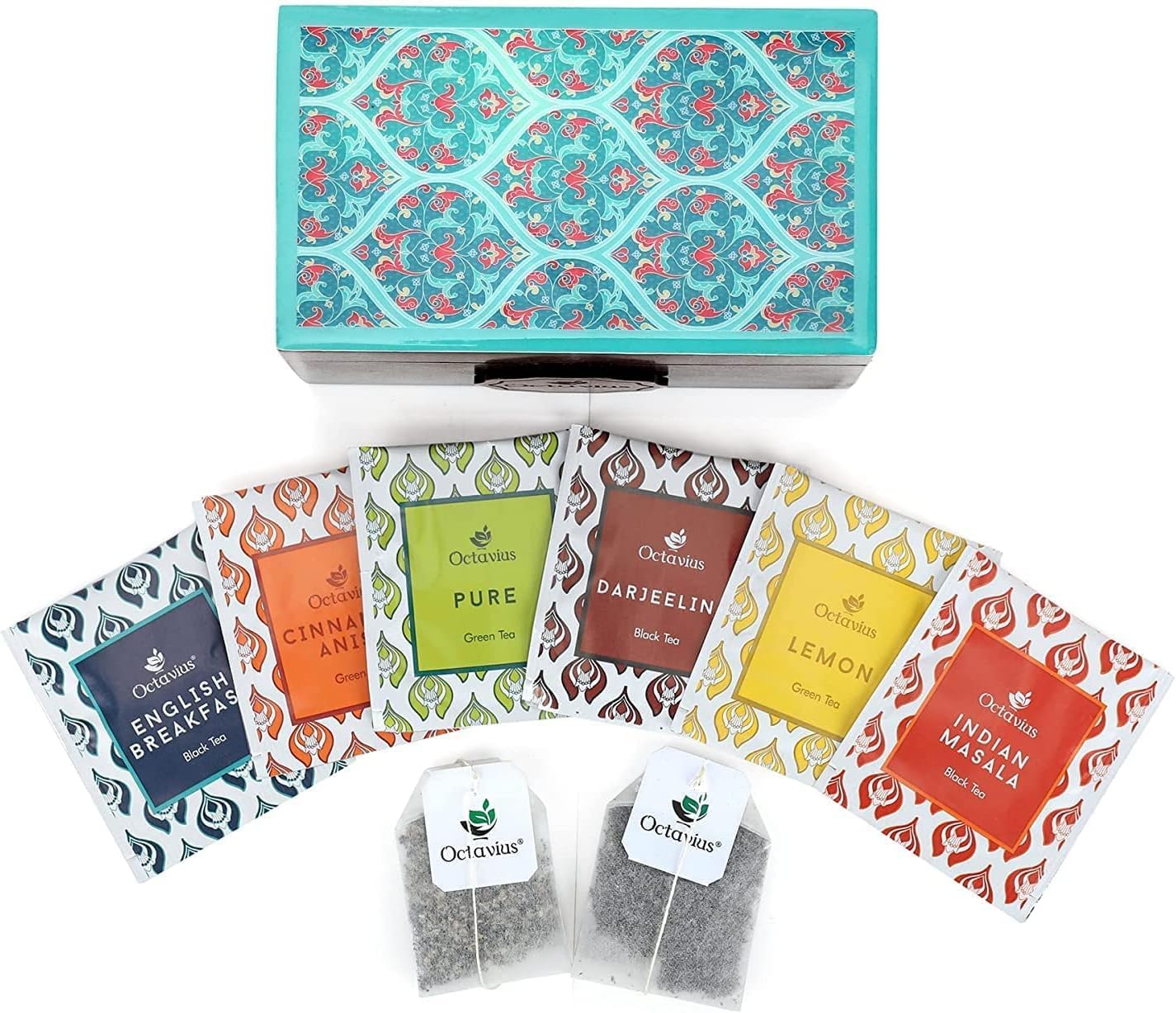 Octavius Assorted Tea Gift Set | 6 Assorted Black & Green Teas | 30 Teabags | Wooden Tea Sampler Pack w/Ornate Floral Design | Pack of 2