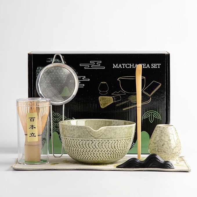 Japanese Matcha Ceremony Accessory, Matcha Whisk, Traditional Scoop (Chashaku), Tea Spoon, Whisk Holder, 1 tea bowl, 1 tea siev, The Perfect Set to Prepare a Traditional Cup of Matcha.