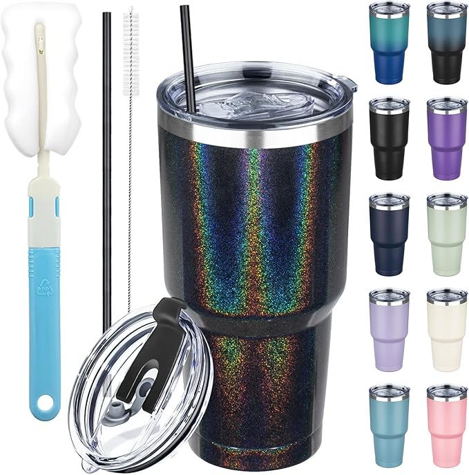 30 oz Tumbler with Lids and Straws, Stainless Steel Insulated Coffee Tumbler, Double Wall Vacuum Insulated Travel Mug Cup, Leakproof Thermal Coffee Cup for Hot and Cold Drinks (Glitter Black)