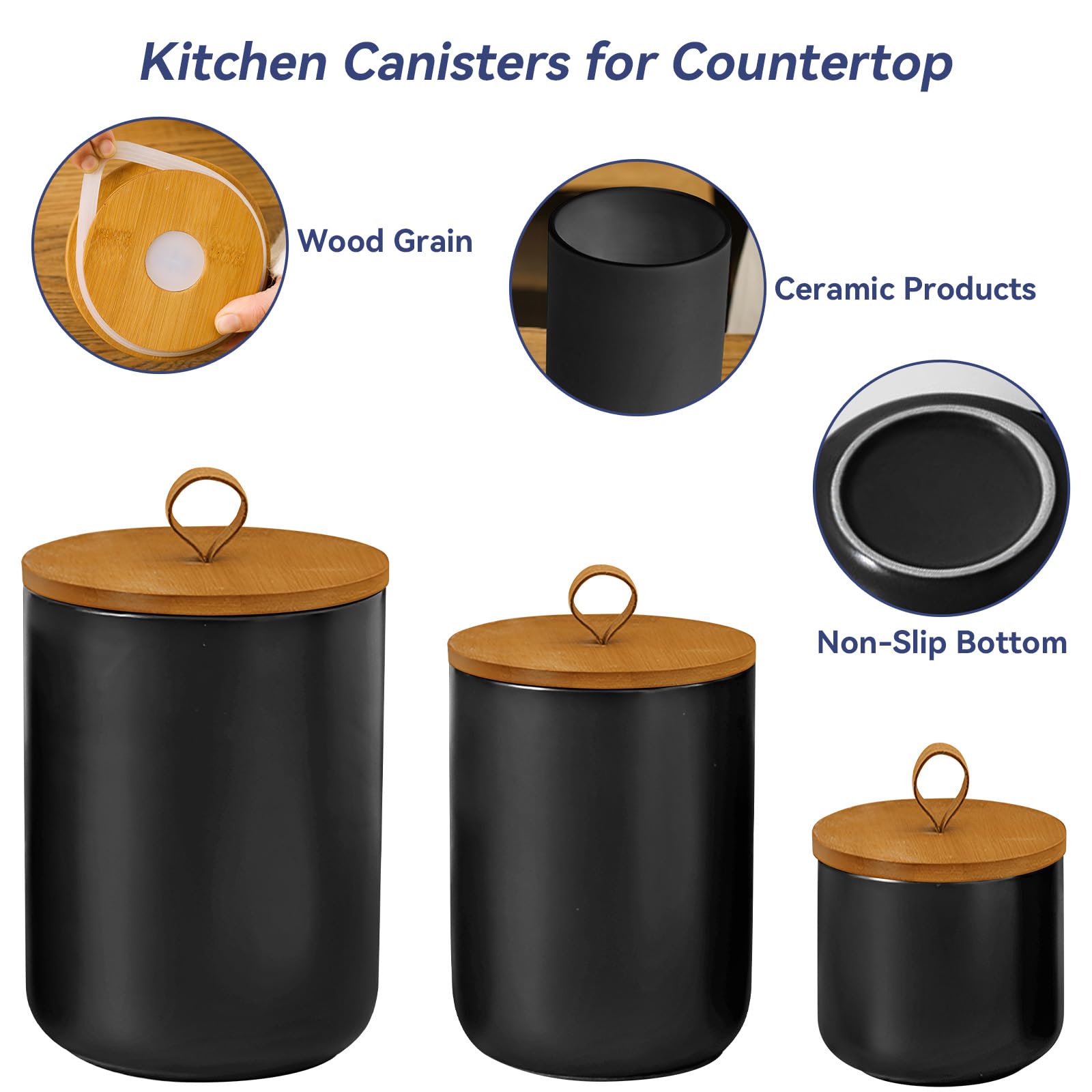 Jueison Ceramic Storage Jars, Modern Airtight Canisters with Wooden Lid (Black medium)