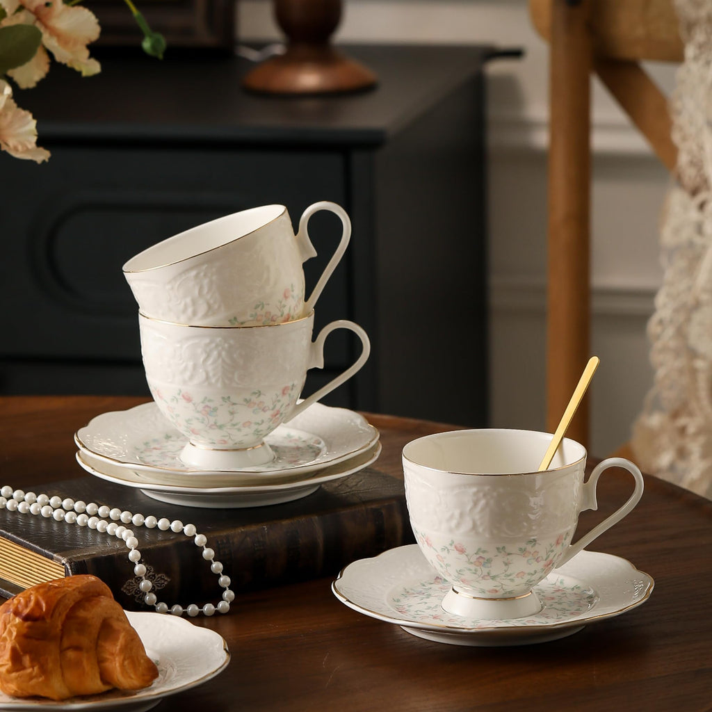 TATSUMI Interglio Embossed Bone China Tea Cup and Saucer Set, 3 Pieces Vintage Style Coffee Cup & Saucer Set For Women Wedding Gift (Starlight Pink, 1 set)