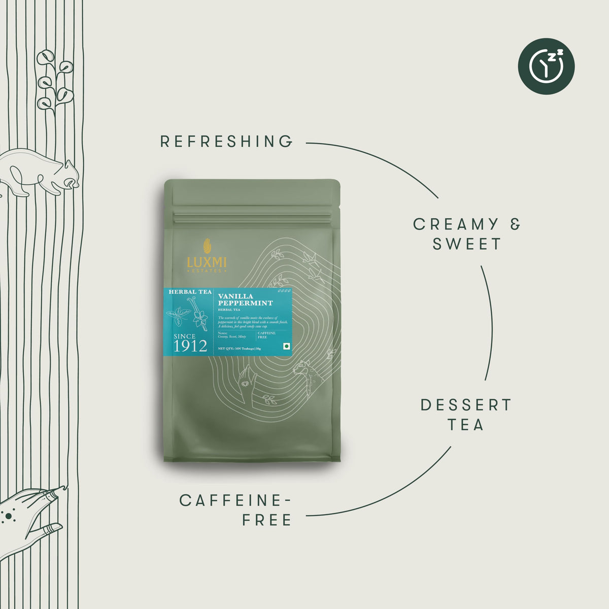 Luxmi Estates Vanilla Peppermint Herbal Tea, 50 Biodegradable Tea Bags (100g, 3.5oz, 50 Cups) | Caffeine-Free Two-Ingredient Blend with Real Peppermint Leaf & Natural Vanilla | Soothing After-Dinner Bulk Pack, Vegan