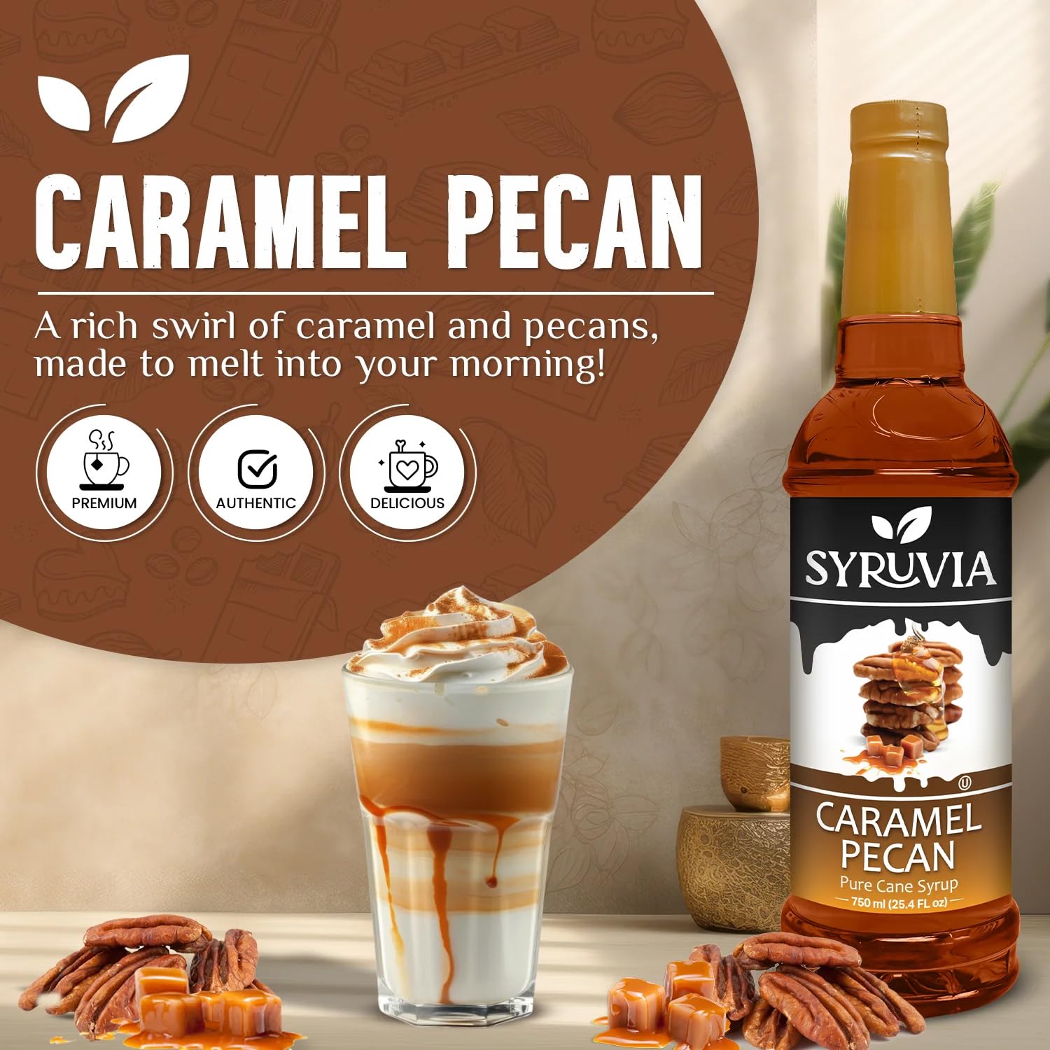 Syruvia Coffee Syrup, Caramel Pecan Flavored Syrup for Drinks, Lattes, and Desserts – 25.4 fl oz