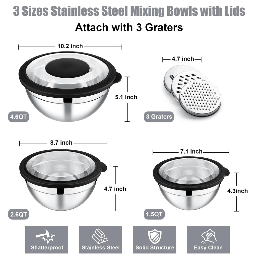 E-far Mixing Bowls with Lids and Graters, Stainless Steel Salad Mixing Bowl with Transparent Lid Set of 3, Metal Nesting Salad Storage for Kitchen Prepping/Serving/Baking, 4.6/2.6/1.5QT - Black