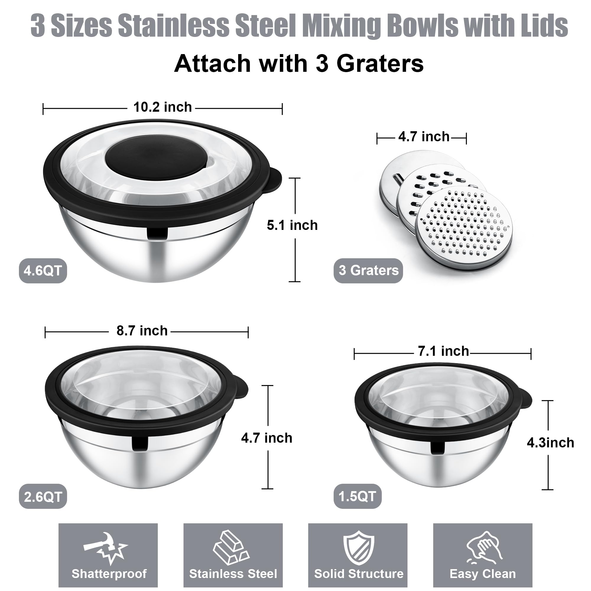 E-far Mixing Bowls with Lids and Graters, Stainless Steel Salad Mixing Bowl with Transparent Lid Set of 3, Metal Nesting Salad Storage for Kitchen Prepping/Serving/Baking, 4.6/2.6/1.5QT - Black