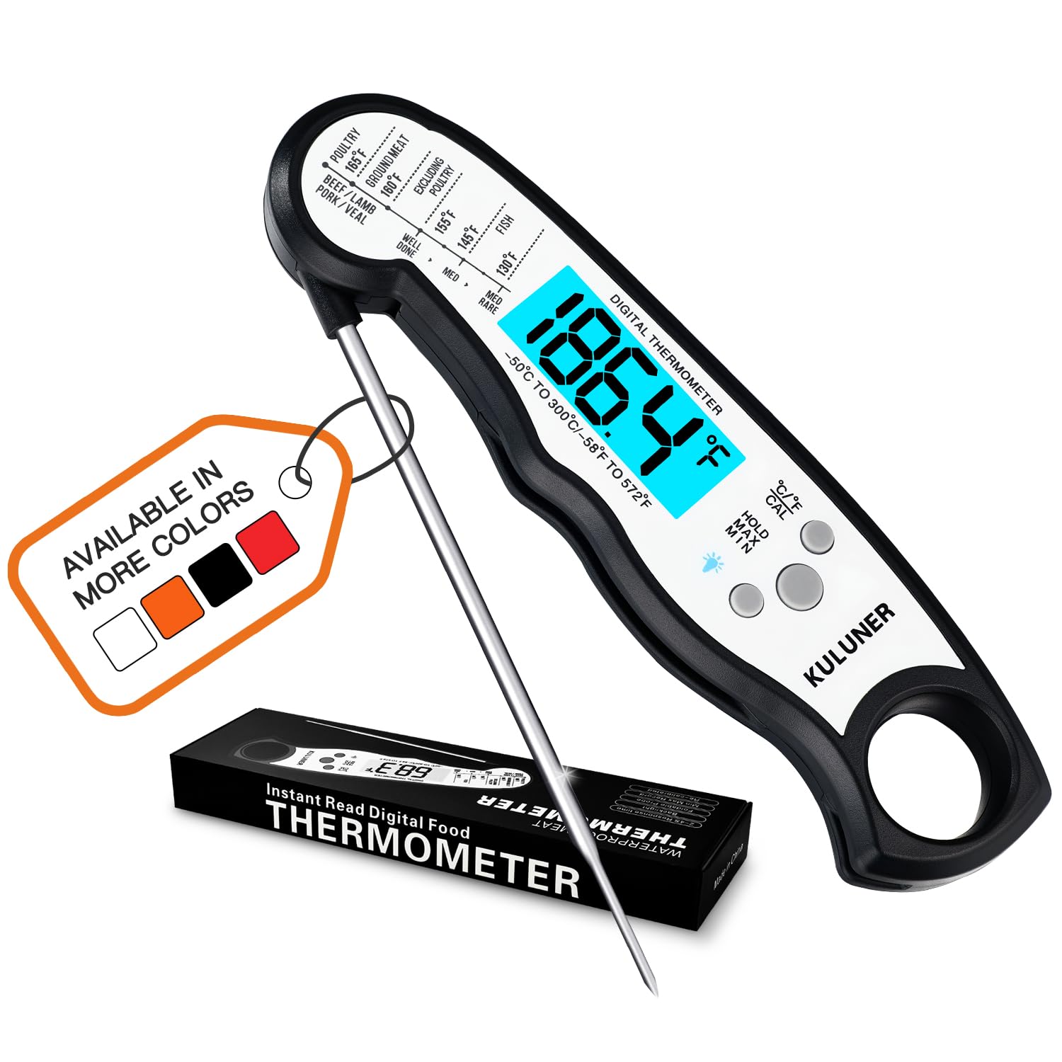 KULUNER Instant Read Food Thermometer, White Waterproof Digital Meat Thermometer with 4.6" Folding Probe, Backlight & Calibration, 2-3s Fast Reading for Kitchen Baking Grilling Cooking - White