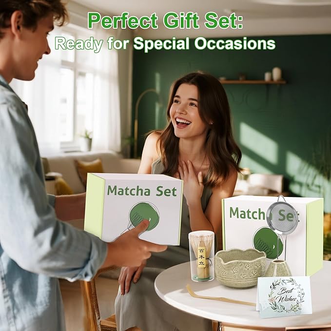 Premium Matcha Whisk Set - 6Pcs Japanese Tea Ceremony Kit with Ceramic Matcha Bowl and Whisk, Bamboo Scoop, Whisk Holder, Stainless Sifter, Birthday Christmas Gift for Matcha Lover