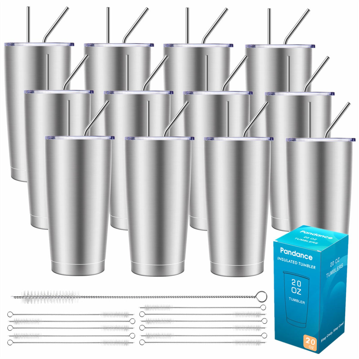 Pandance 20oz Stainless Steel Insulated Tumblers Bulk, Black, 12 Pack