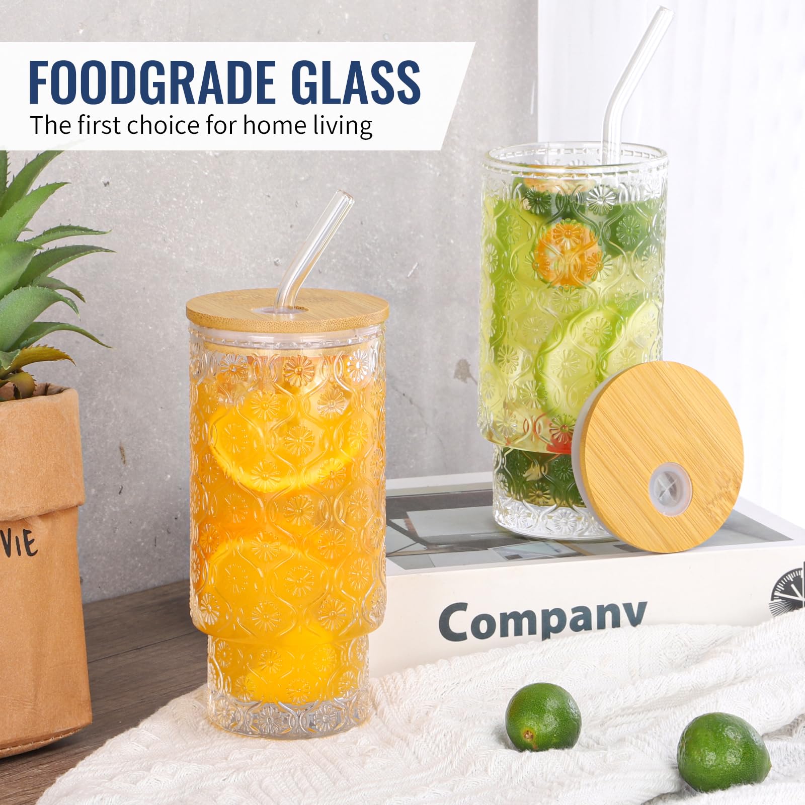 16 Oz Glass Cups Set of 2, Vintage Embossed Floral Glass Tumbler, Iced Coffee Cups with Lid, for Whiskey Cocktail Beer (2 PACK)